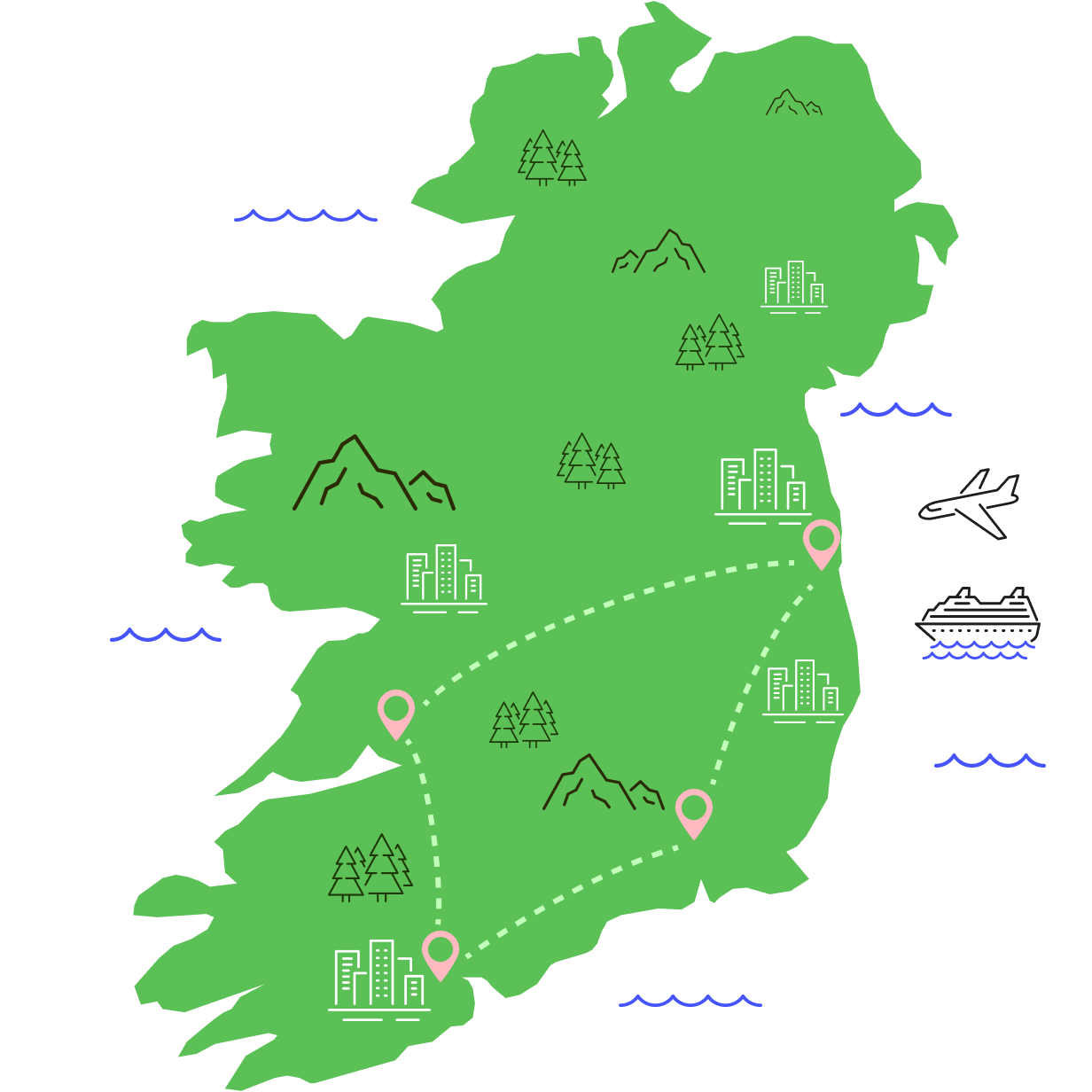 Ireland Map with route lines