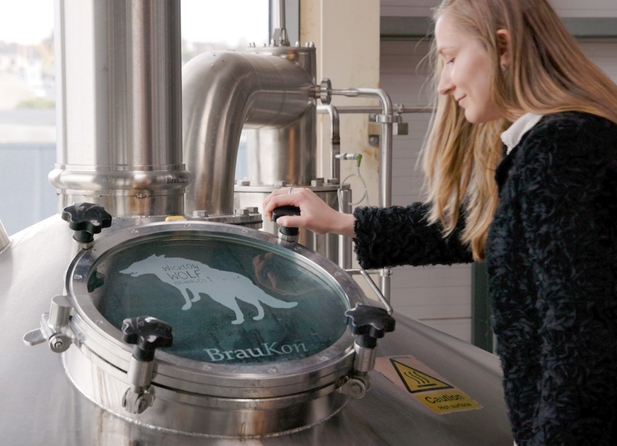 Woman looks through glass hatch in brewing equipment