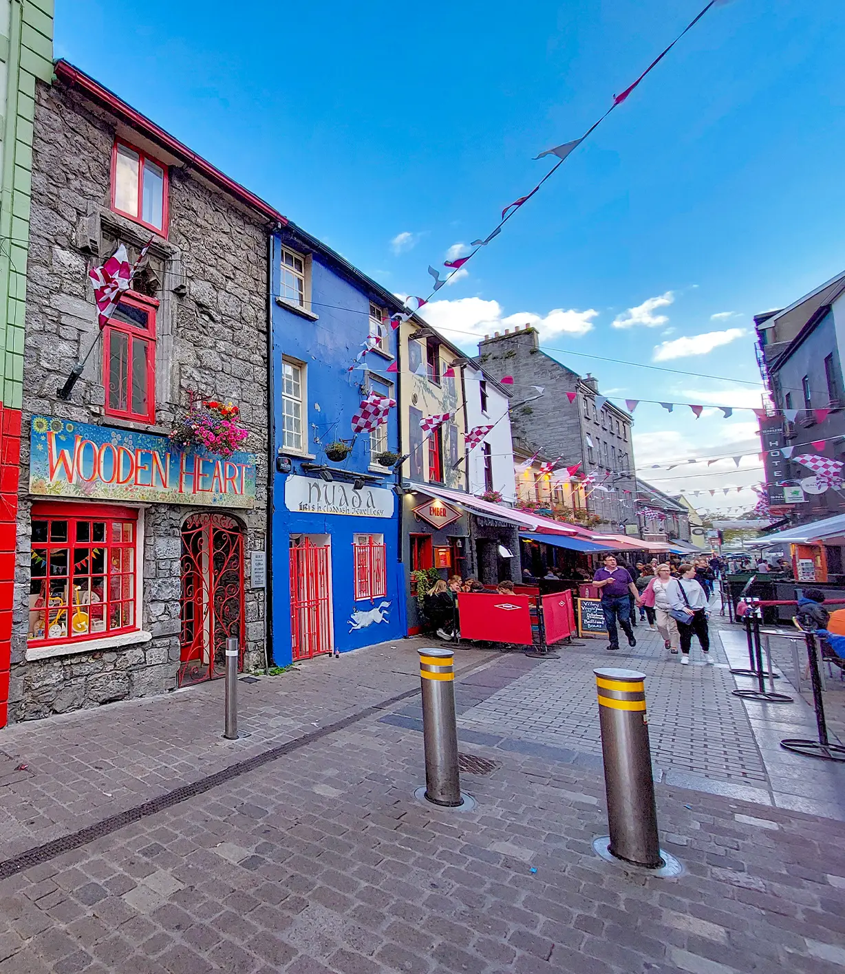 Galway Main street, lined with shops and bunting